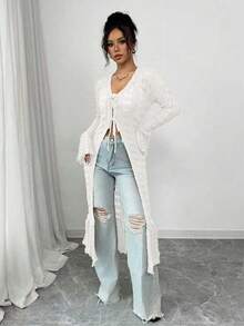 Rafferiza Brown V-Neck Long Sleeve Flared Cuff Knit Long Cardigan For Women, Casual Fit, Spring/Autumn