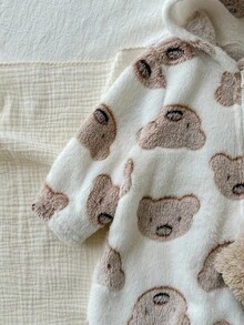 SHEIN Bộ 2 quần áo liền thân có mũ trùm đầu và quần dài mềm mại họa tiết gấu hoạt hình dễ thương dành cho trẻ sơ sinh, quần áo thường ngày cho bé mùa thu/đông - Nhiều màu - Xem 4