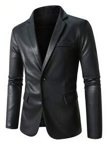 Manfinity AFTRDRK 男士 PU 皮革万圣节黑色西装外套，秋冬 - 黑色 - 查看 1