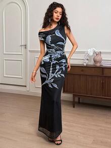 EastFlair Damen elegantes Pflanzen-Druckkleid mit asymmetrischem Kragen, Sommer