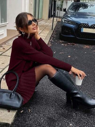 EMERY ROSE Sada 2 ks jednobarevného roláku s dlouhým rukávem a sukní