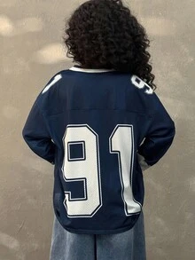 Coolane Kids 青少年女孩秋冬街头运动休闲亲子服装透气网眼棒球服 V 领 T 恤、补丁、返校、运动休闲 - 藏蓝色 - 查看 3