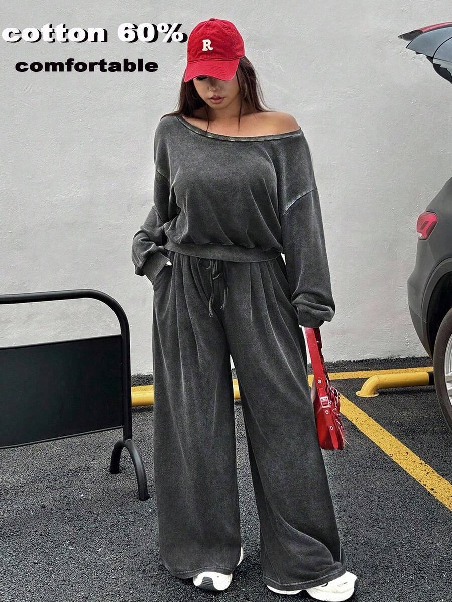 Muchica Plus Size Casual Everyday Oblique Shoulder Washed Loose Sweatshirt And Pants 2 Pieces Set,Autumn/Winter,Fall Clothes For Women  Christmas Clothes  New Year Clothes