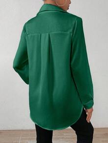 SHEIN PETITE Women's Solid Color Satin Simple Shirt With Asymmetric Hem