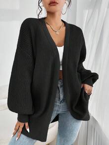 SHEIN EZwear Plus Size Casual Drop Shoulder Ribbed Knit Black Cardigan, Versatile For Autumn/Winter - Black - View 3