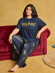 HARRY POTTER X SHEIN 大码字母印花短袖上衣和裤子睡衣套装 - 彩色 - 查看 7