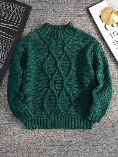 SHEIN Tweenboy Casual Christmas Green Textured Crew Neck Sweater, Suitable For Winter, School, And Travel, Boys Cable Knit Sweater, Boys Knit Sweater, Sweater For Boys, Boys Green Sweater,Christmas