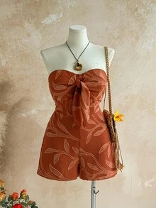 Soleia Macacão Plus Size Feminino de Férias, Carnaval de Verão, Viagem de Cruzeiro, Impressão de Silhueta em Aquarela Azul, Frente com Torção, Costas Abertas, Caimento Solto, Adequado para Festa, Encontro, Dia dos Namorados, Sobreposição - Castanho - Visão 1