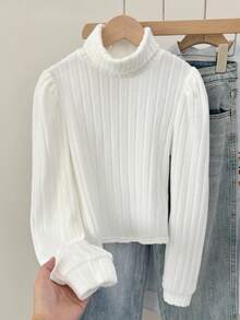 SHEIN 少女纯白色罗纹高领灯笼长袖T恤，休闲日常穿着，可与妈妈亲子装搭配，时尚秋季款