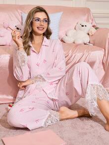 SHEIN Conjunto de pijama de mujer con cuello de encaje con volantes, estampado a rayas y parches de contraste de color, ropa de otoño - Rosa - Ver 3