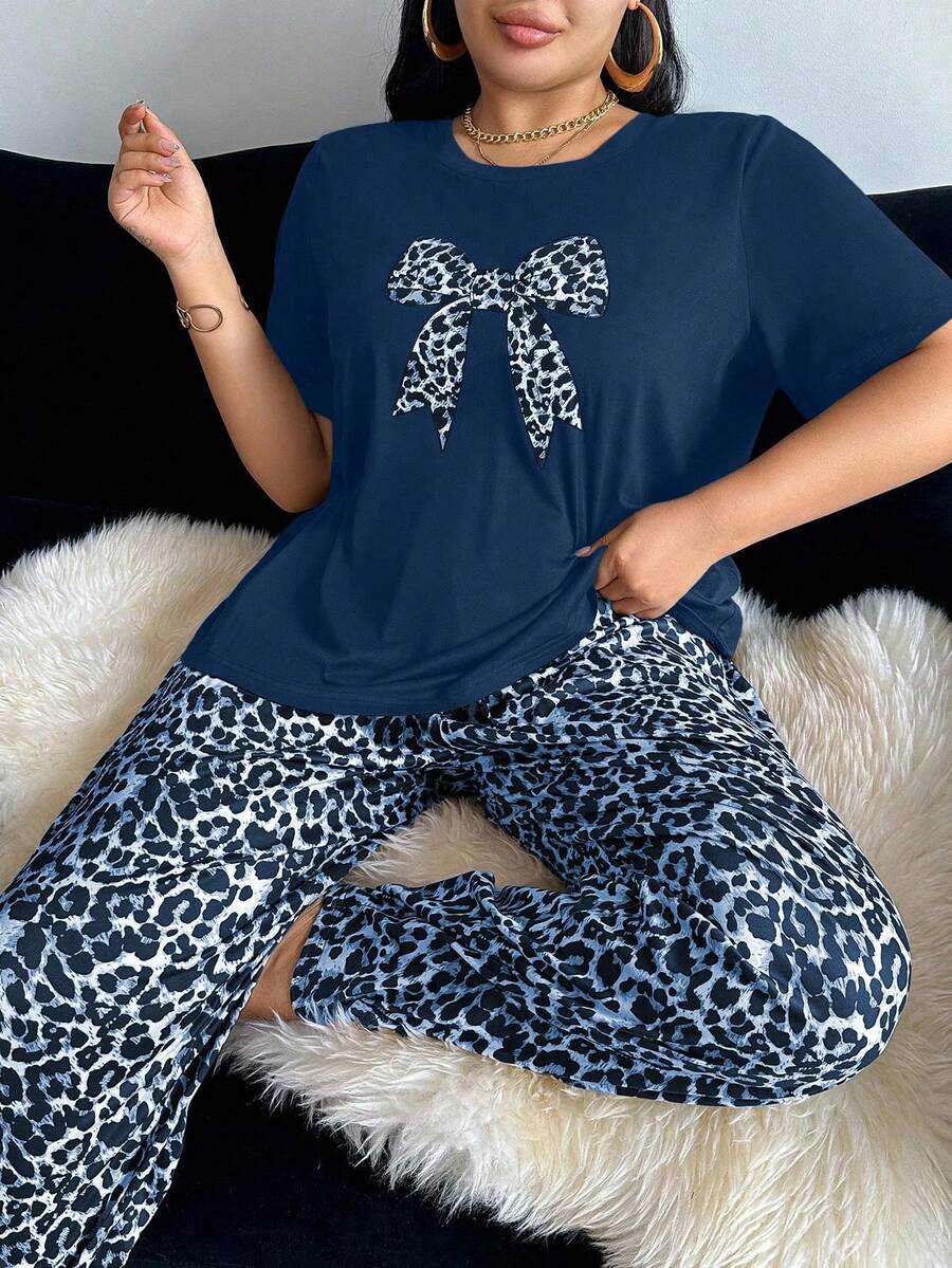 Bare Chapter Bộ đồ ngủ cổ tròn tay ngắn họa tiết da báo có nơ trang trí - Màu xanh hải quân - Xem 1