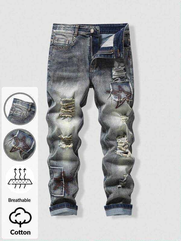 Tween Boys' Distressed Patch Embroidered Star Elastic Denim Jeans, Vintage Retro Cool Fashion Recommended For Autumn/Winter! Made Of Vintage Washed Elastic Denim Effect, With Embroidered Five-Pointed Star Patches And Distressed Holes, Adding A Fashionable Touch. With Regular Waistband, Adjustable Elastic, And Zipper, Easy To Put On And Take Off. Slim Fit Design Flatters The Figure. Suitable For School, Casual, Daily, Travel, Party And Other Occasions To Showcase Your Personal Style! Fall