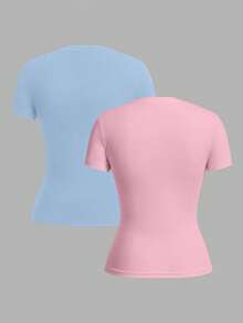 SHEIN EZwear 2 件套休闲简约粉色和蓝色基本款圆领短袖汗衫，适合春夏季 - 彩色 - 查看 2