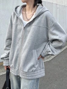 FRIFUL Women's Floral Gray Hooded Drop Shoulder Long Sleeve Drawstring Hem Zipper Closure Loose Casual Versatile Fleece Sweatshirt, Autumn Jacket,Winter Hoodies - Grey - View 6