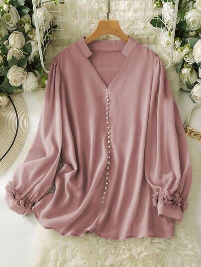 Lacomfia Elegante Perlen-Manschette mit Spitzenbesatz Chiffon Bluse in Große Größen für Frauen