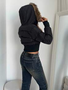 Aloruh Áo khoác ngắn có đệm, cổ lông giả và mũ trùm đầu dành cho nữ mùa thu đông - trắng - Xem 5