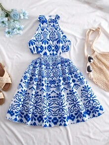 SHEIN Tween Girl' 时尚假日印花无袖露背镂空腰部连衣裙，适合夏季海滩度假 - 藍白色 - 查看 2