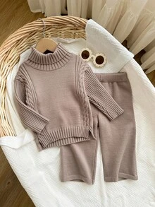SHEIN 女婴高领针织毛衣套装，秋冬季 - 卡其色 - 查看 4