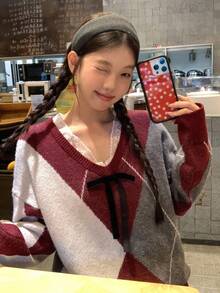 DAZY Women's V-Neck Lace Patchwork Loose Collegiate Argyle Colorblock Pullover Sweater, Casual School Style For Christmas Fall/Winter