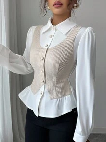 Elenzga Áo sơ mi trắng tay dài đính nút trang trí thanh lịch phong cách Châu Âu cổ điển, màu tương phản, áo sơ mi cài nút kim loại ngọc trai 2 trong 1 dành cho nữ, thích hợp cho tiệc tùng, ngày lễ, Giáng sinh, Halloween, đi làm, hẹn hò, trang phục thường ngày - Màu be - Xem 6