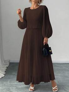 Elenzga 大码咖啡棕色褶皱雪纺长袖连衣裙，秋冬款 - 咖啡棕 - 查看 2