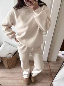 Sunnyshic 女士纯色圆领宽松落肩休闲百搭运动衫套装 - 杏色 - 查看 5