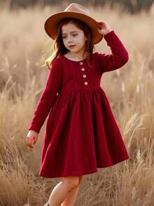 Emery Rose Kids Emery Rose Kids 年轻女孩纯色长袖圆领罗纹连衣裙,前有纽扣,适合秋冬季,适合家居、户外运动、学校、日常休闲。和我妈妈的款式一样,还有我姐姐和妹妹的款式。万圣节 - 酒紅色 - 查看 3