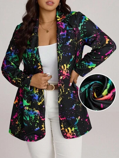 Comfylo Plus Splash Ink Print Single Button Blazer Fall Women Clothes Fall Clothes Plus Size Fall Outfits For Women  Fall Outfits Women Autumn
