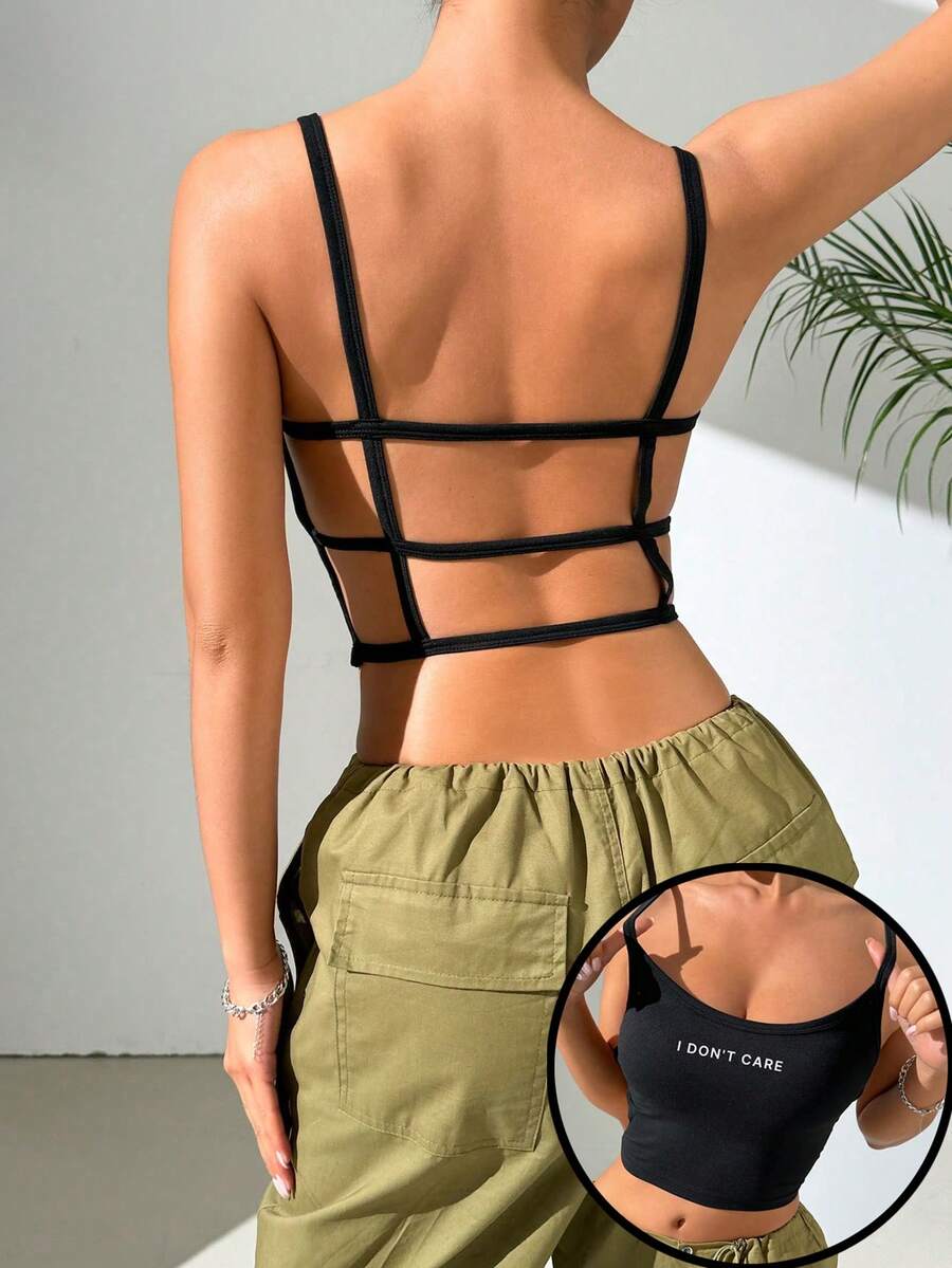 SHEIN EZwear Sexy Casual "I Don't Care" Slogan Black Minimalist Camisole Backless Tank Top, Fitted For Summer Women - Black - View 1