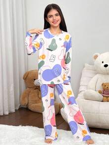 SHEIN 青少年女孩休闲舒适家居字母、卡通熊、花卉、简约线条印花长袖圆领宽松 T 恤和裤子睡衣套装、针织印花服装 - 米色 - 查看 5