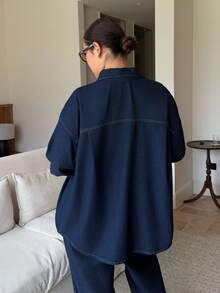 Dripcurv 大码女装两件套：一件无弹力长袖开衫外套，配有松紧腰带和小布标装饰；一条无弹力修身直筒裤。适合新年、休闲度假和圣诞节穿着。 - 藍色 - 查看 2
