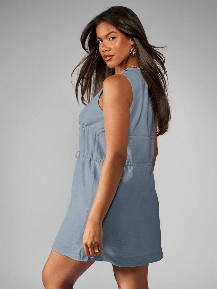 MISSGUIDED Linen Feel Tie Front Mini Dress Sleeveless V Neck Summer Beach Vacation Resort Wear Double Drawstring Waist Casual Day Dress