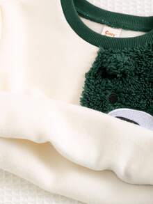 Cozy Pixies 2pcs Baby Boy Cartoon Bear Pattern Contrast Color Round Neck Drop Shoulder Hoodie And Jogger Pants Set Fall Winter - Dark Green - View 7