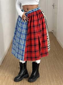 Maweii Gonna midi aderente da donna taglie forti, con design a spacco alto e fantasia a quadri colorati, versatile per feste, festival musicali, primavera/autunno 2025 - Multicolore - Visualizzare 1