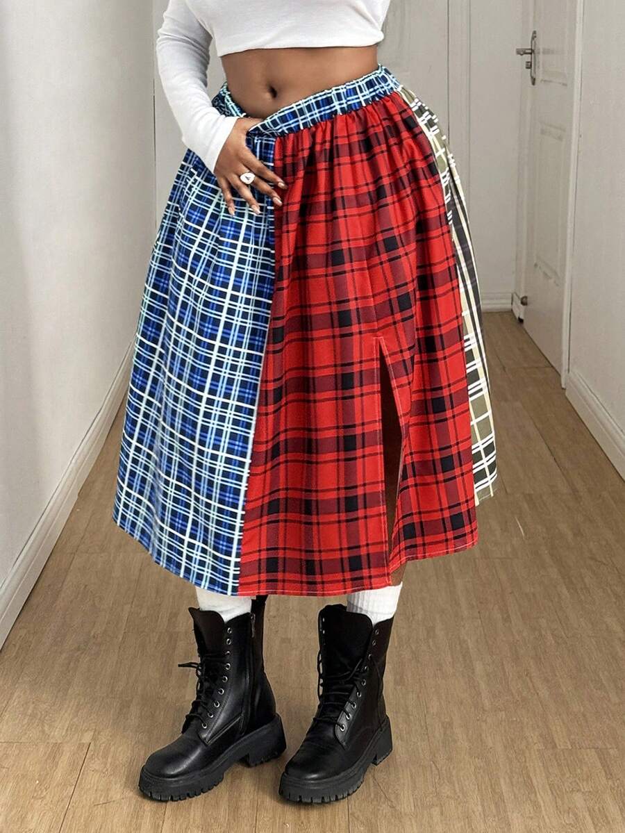 Maweii Gonna midi aderente da donna taglie forti, con design a spacco alto e fantasia a quadri colorati, versatile per feste, festival musicali, primavera/autunno 2025 - Multicolore - Visualizzare 1