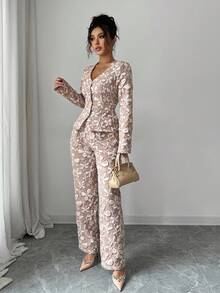 Elenzga 女士提花长袖衬衫，V领，优雅修身套装 - 棕色 - 查看 5