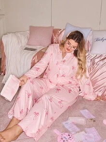 Miss Vinta Conjunto de Pijama de Manga Longa Rosa com Estampa de Laço e Calça, Roupas de Outono e Inverno, Conjunto Confortável em Plus Size - Multicolorido - Visão 6