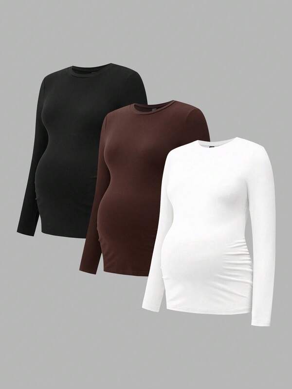 Modmama 3pcs/Set Maternity Casual Round Neck Long Sleeve Fitted Pregnancy T-Shirt Full Sleeve Maternity Tops Maternity Tops Pregnancy Shirts Maternity Shirts Long Sleeve Maternity Tops
