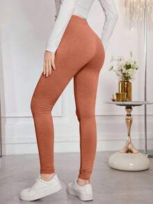 Modelyn 女式字母印花抽绳紧身打底裤，舒适有弹性 - 咖啡棕 - 查看 2