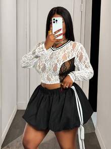 Slaydiva 2025 Spring/Summer New Arrival Street Sports & Sexy Street & Ballet Style Black & White Sheer Lace Colorblock + Rhinestone 23 Graphic Fitted V-Neck Long Sleeve Cropped Top And Black Colorblock White Ribbon Tie Bow Mini Skirt Women Plus Size 2 Pieces Set - Multicolor - View 1