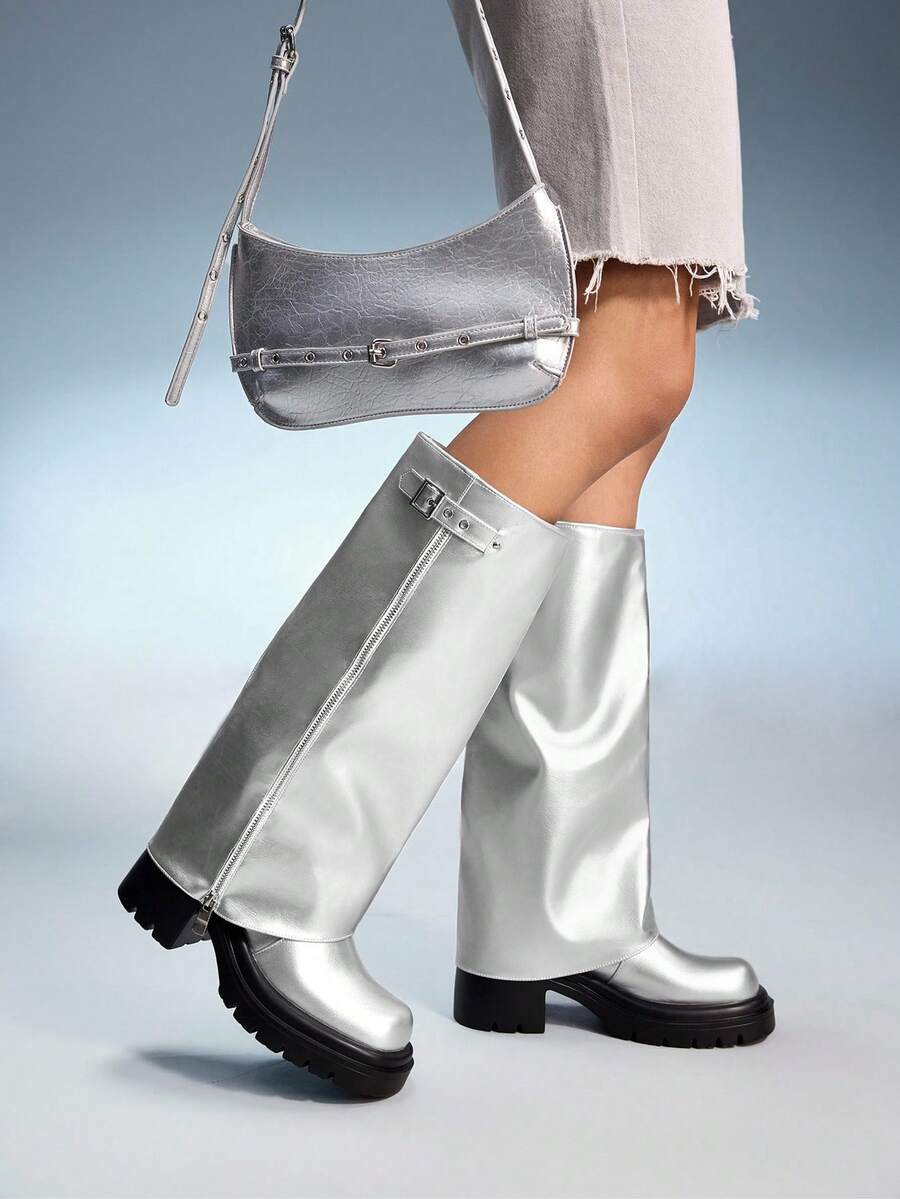 CUCCOO GRLICON 女士时尚黑色阔腿厚底中筒靴，适合万圣节、圣诞节、派对、秋季 Y2K 装扮 - 銀色 - 查看 1