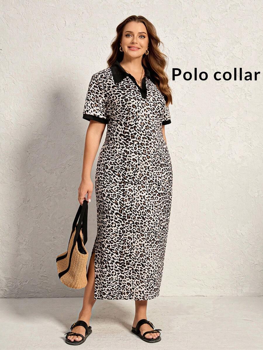Comfylo 加大码女式 V 领 Polo 领针织半透明修身海滩长裙,女士夏季连衣裙,女士教师装,女士夏季服装,夏季波西米亚风复古款 - 彩色 - 查看 1