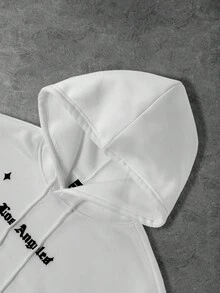 PAVTROS 男士字母与星星印花口袋落肩宽松羊毛抽绳连帽衫，秋冬 - 白色 - 查看 6