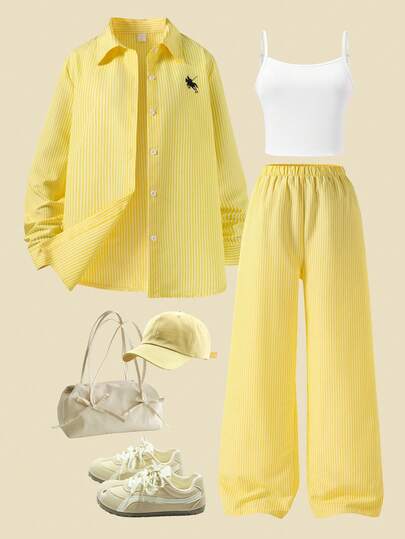 SHEIN Casuvi Kids 3 件青少年服装：黄色条纹衬衫、黑色印花上衣和宽松黄色条纹裤，休闲通勤装