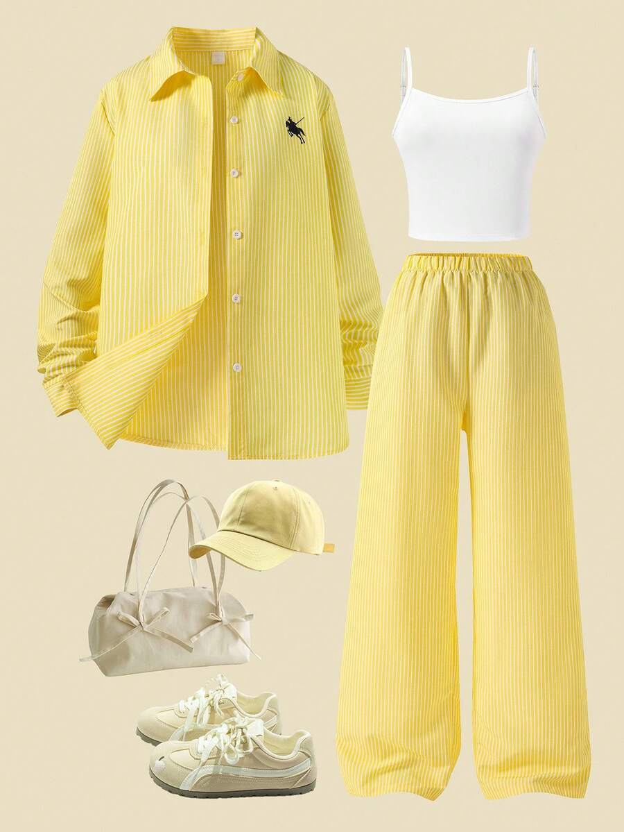SHEIN Casuvi Kids 3 件青少年服装：黄色条纹衬衫、黑色印花上衣和宽松黄色条纹裤，休闲通勤装