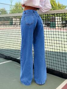 EURMUSE Women's Solid Color Low Rise Wide Leg Cut Grey Jeans - Light Wash - View 2