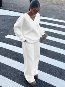 SHEIN EZwear 2 pezzi Set di felpa oversize con scollo a V e pantaloni in pile morbido, elasticizzato e ampio, casual per autunno/inverno - Bianco - Visualizzare 4