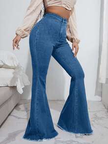 EURMUSE Calça jeans feminina cintura alta slim fit cor sólida casual versátil flared - Azul - Ver 4