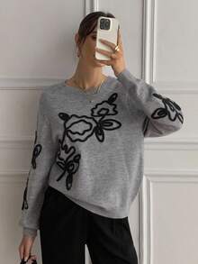 DAZY Suéter holgado de mujer con cuello redondo y contraste de color floral para otoño - Gris - Ver 3