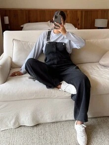 Dripcurv 大码女式口袋设计宽腿宽松休闲背带裤连体裤